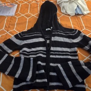 Y2K US 3 Black Gray Hooded Zip Sweater Size Large Flare Sleeve 2000s Vintage